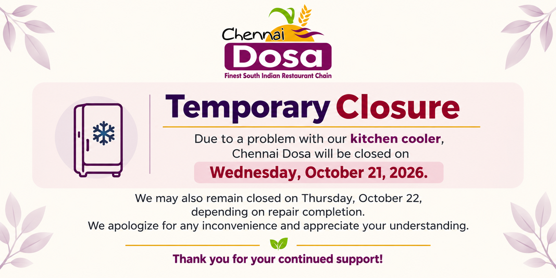 Temporary Closure – October 21
