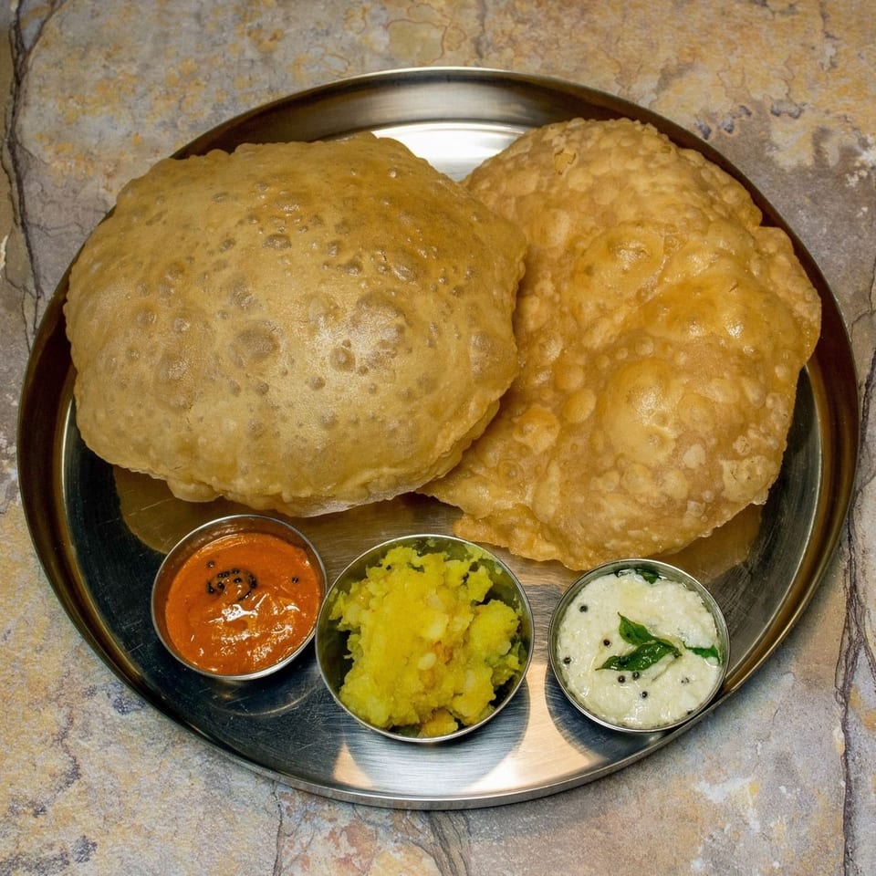 Two golden-brown puri breads served on a steel plate with three small bowls of chutneys.